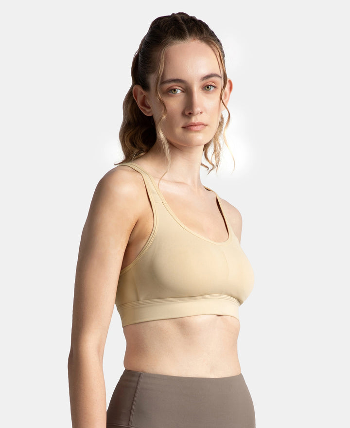 Wirefree Padded Soft Touch Microfiber Elastane Stretch Full Coverage Sports Bra with Broad Underband - Skin