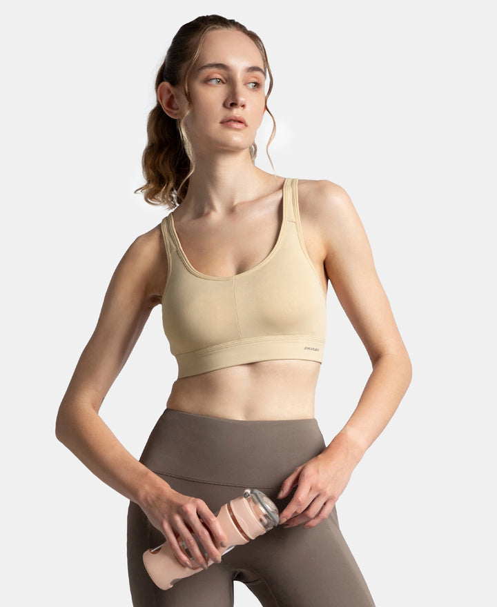 Wirefree Padded Soft Touch Microfiber Elastane Stretch Full Coverage Sports Bra with Broad Underband - Skin