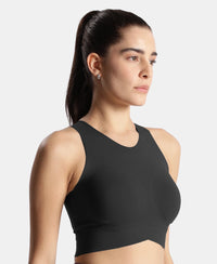Wirefree Padded Microfiber Elastane Stretch Bonded Tech Full Coverage Sports Bra with 360 Degree Stretch - Black