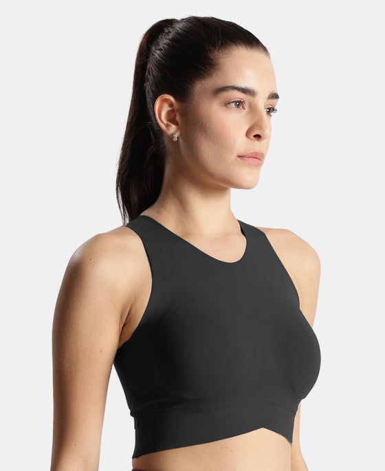 Wirefree Padded Microfiber Elastane Stretch Bonded Tech Full Coverage Sports Bra with 360 Degree Stretch - Black