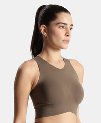 Wirefree Padded Microfiber Elastane Stretch Bonded Tech Full Coverage Sports Bra with 360 Degree Stretch - Earth