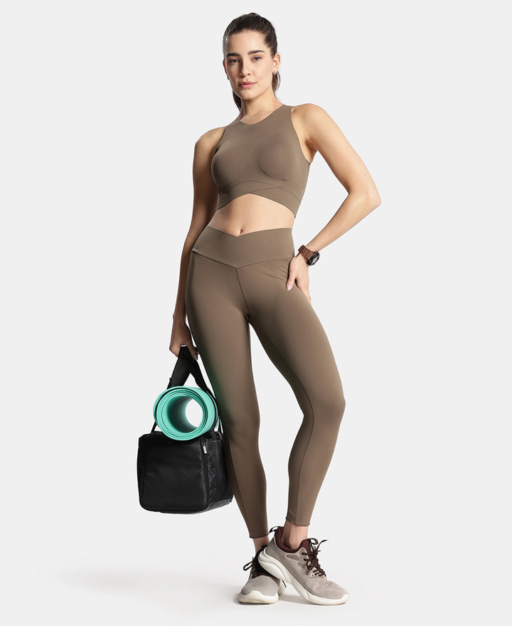 Wirefree Padded Microfiber Elastane Stretch Bonded Tech Full Coverage Sports Bra with 360 Degree Stretch - Earth