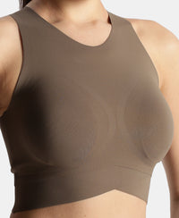 Wirefree Padded Microfiber Elastane Stretch Bonded Tech Full Coverage Sports Bra with 360 Degree Stretch - Earth