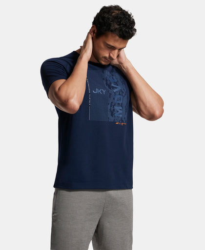 Super Combed Cotton Blend Graphic Printed Round Neck Half Sleeve T-Shirt with Stay Fresh Treatment - Navy  Printed