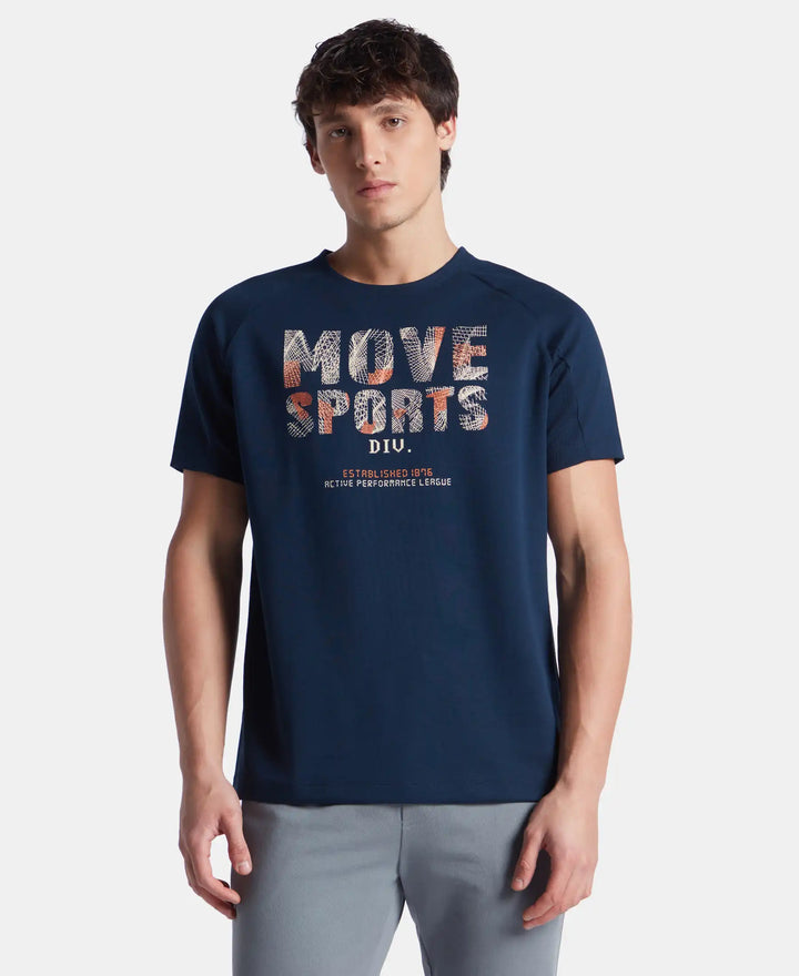 Super Combed Cotton Blend Graphic Printed Round Neck Half Sleeve T-Shirt with Stay Fresh Treatment - Navy New