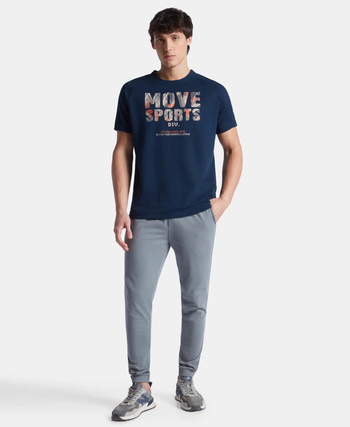 Super Combed Cotton Blend Graphic Printed Round Neck Half Sleeve T-Shirt with Stay Fresh Treatment - Navy New