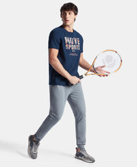 Super Combed Cotton Blend Graphic Printed Round Neck Half Sleeve T-Shirt with Stay Fresh Treatment - Navy New