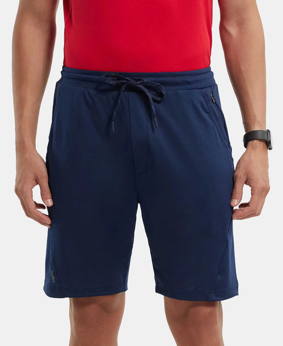 Microfiber Elastane Stretch Solid Shorts with Zipper Media Pocket and StayFresh Treatment - Navy-1