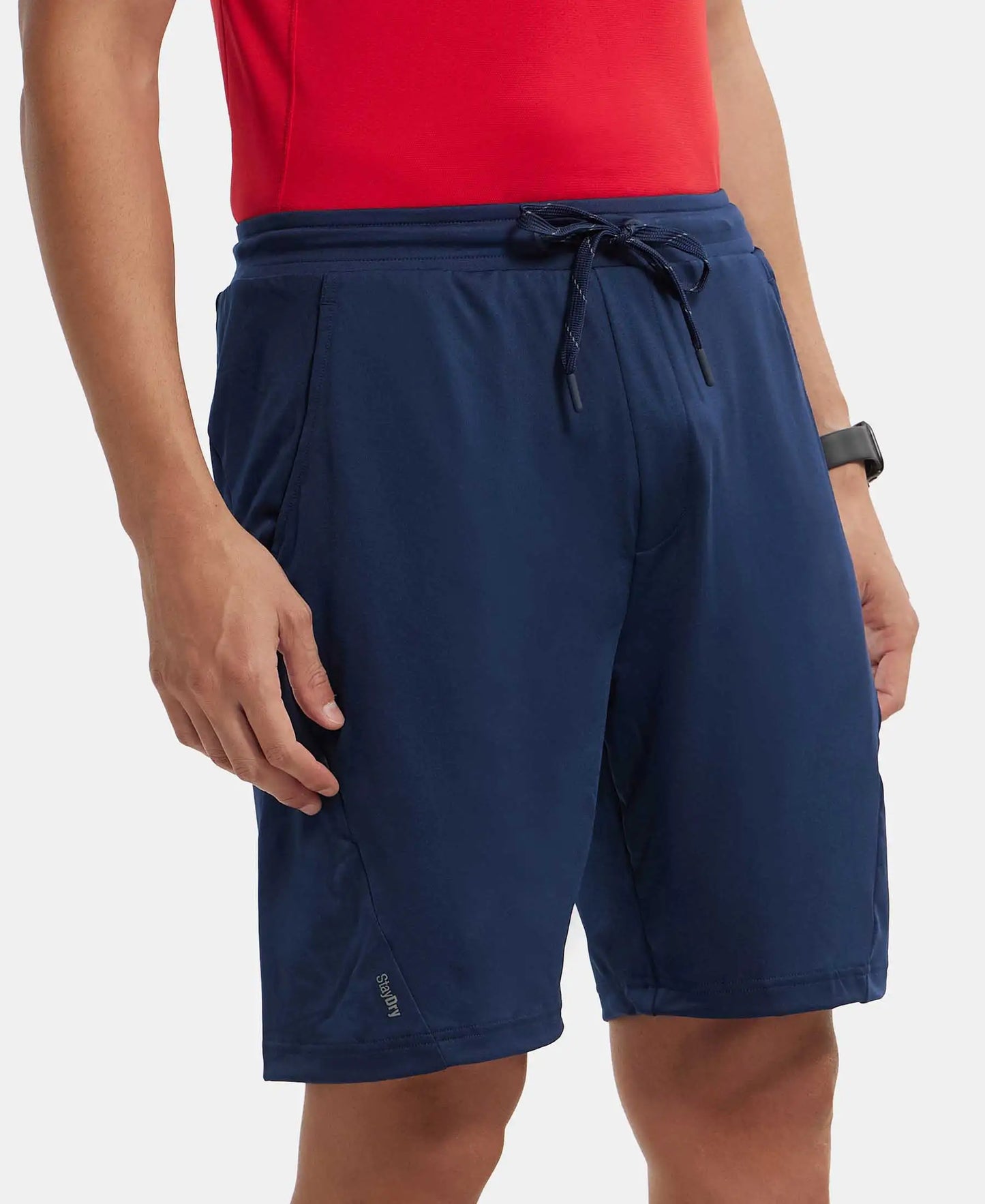 Microfiber Elastane Stretch Solid Shorts with Zipper Media Pocket and StayFresh Treatment - Navy-2