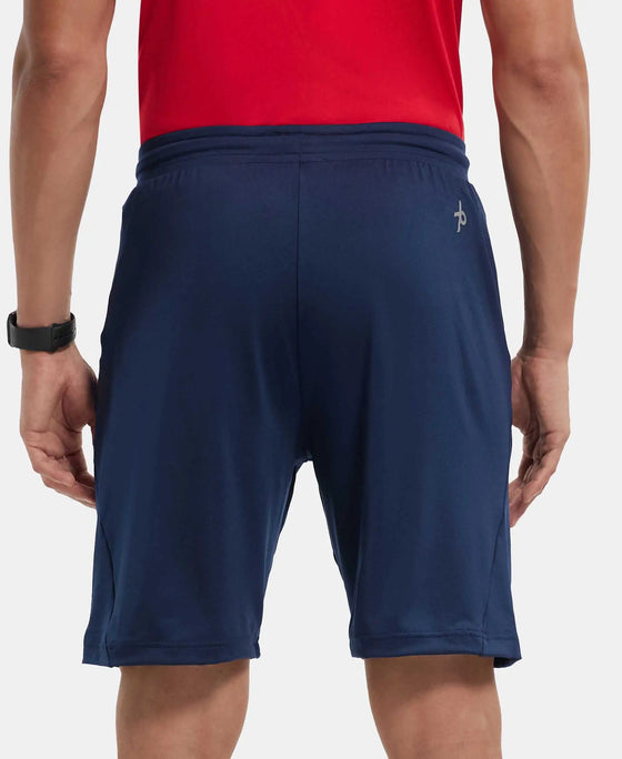 Microfiber Elastane Stretch Solid Shorts with Zipper Media Pocket and StayFresh Treatment - Navy-3