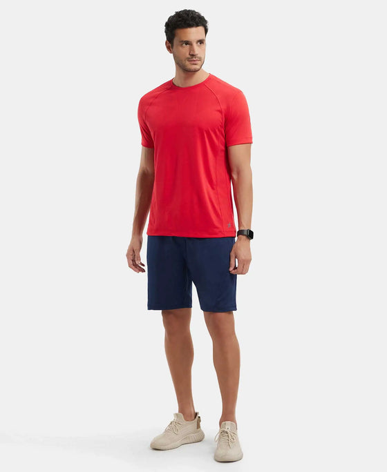 Microfiber Elastane Stretch Solid Shorts with Zipper Media Pocket and StayFresh Treatment - Navy-4
