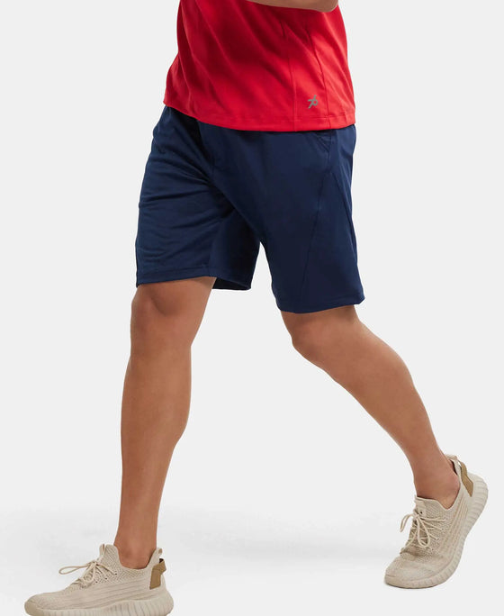 Microfiber Elastane Stretch Solid Shorts with Zipper Media Pocket and StayFresh Treatment - Navy-5