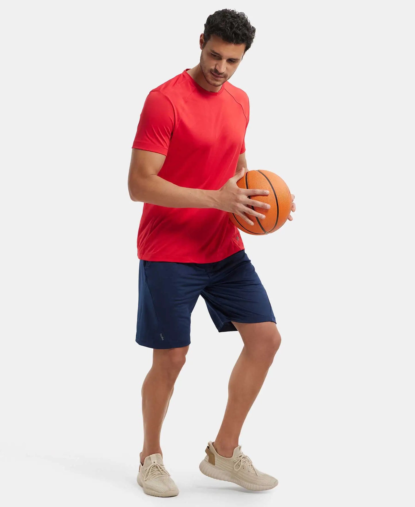 Microfiber Elastane Stretch Solid Shorts with Zipper Media Pocket and StayFresh Treatment - Navy-6