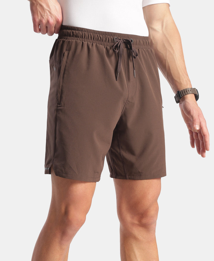 Recycled Microfiber Elastane Stretch Solid Shorts with Zipper Pockets and StayFresh Treatment - Hot Fudge
