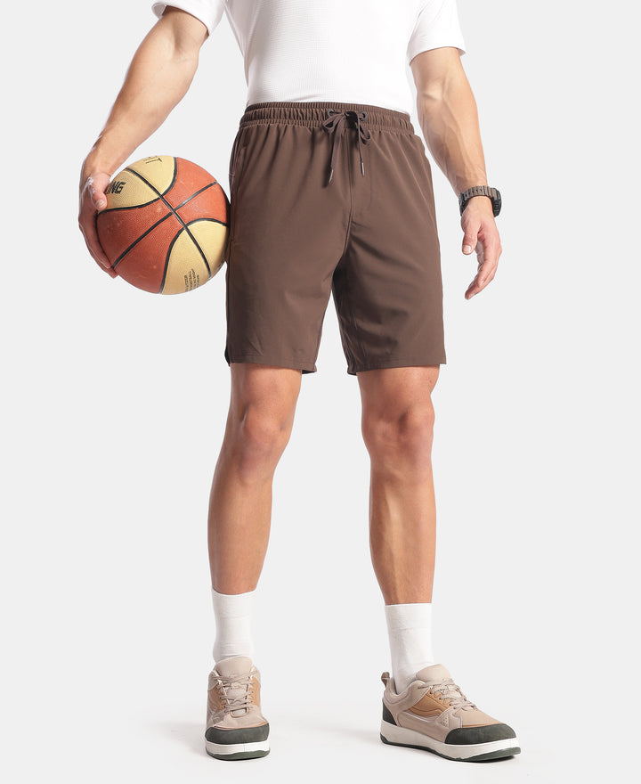 Recycled Microfiber Elastane Stretch Solid Shorts with Zipper Pockets and StayFresh Treatment - Hot Fudge