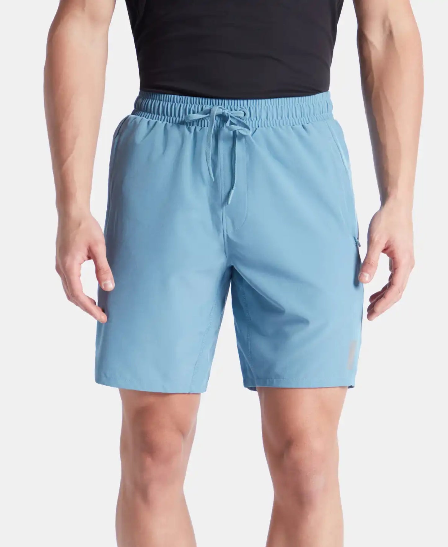 Recycled Microfiber Elastane Stretch Solid Shorts with Zipper Pockets and StayFresh Treatment - Provincial Blue