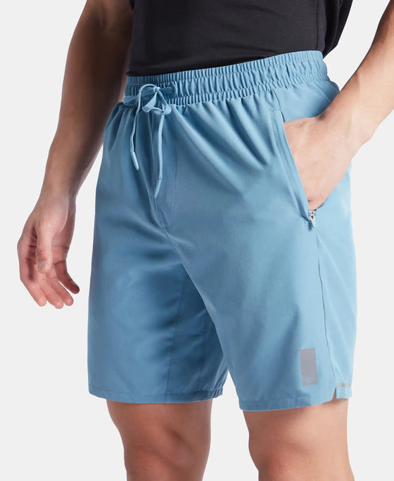 Recycled Microfiber Elastane Stretch Solid Shorts with Zipper Pockets and StayFresh Treatment - Provincial Blue