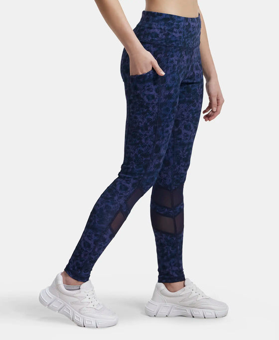 Microfiber Elastane Stretch Performance Leggings with Breathable Mesh and Stay Dry Technology - Peacoat Print