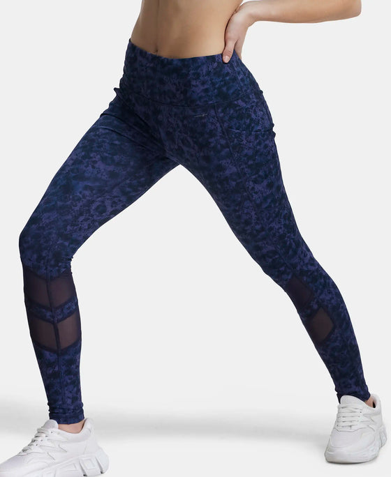 Microfiber Elastane Stretch Performance Leggings with Breathable Mesh and Stay Dry Technology - Peacoat Print