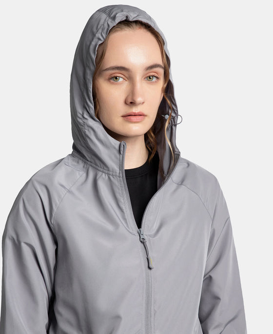 Microfiber Fabric Relaxed Fit Raglan Styled Water Resistant Hoodie Jacket - Grey