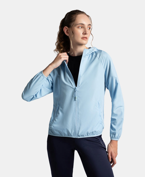 Microfiber Fabric Relaxed Fit Raglan Styled Water Resistant Hoodie Jacket - Powder Blue