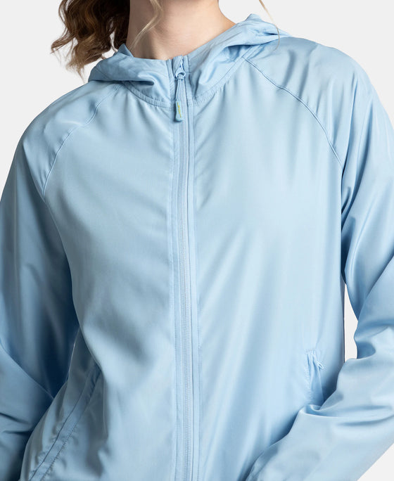 Microfiber Fabric Relaxed Fit Raglan Styled Water Resistant Hoodie Jacket - Powder Blue