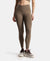 Microfiber Elastane Stretch Performance Leggings with Crossover Style Broad Waistband - Earth