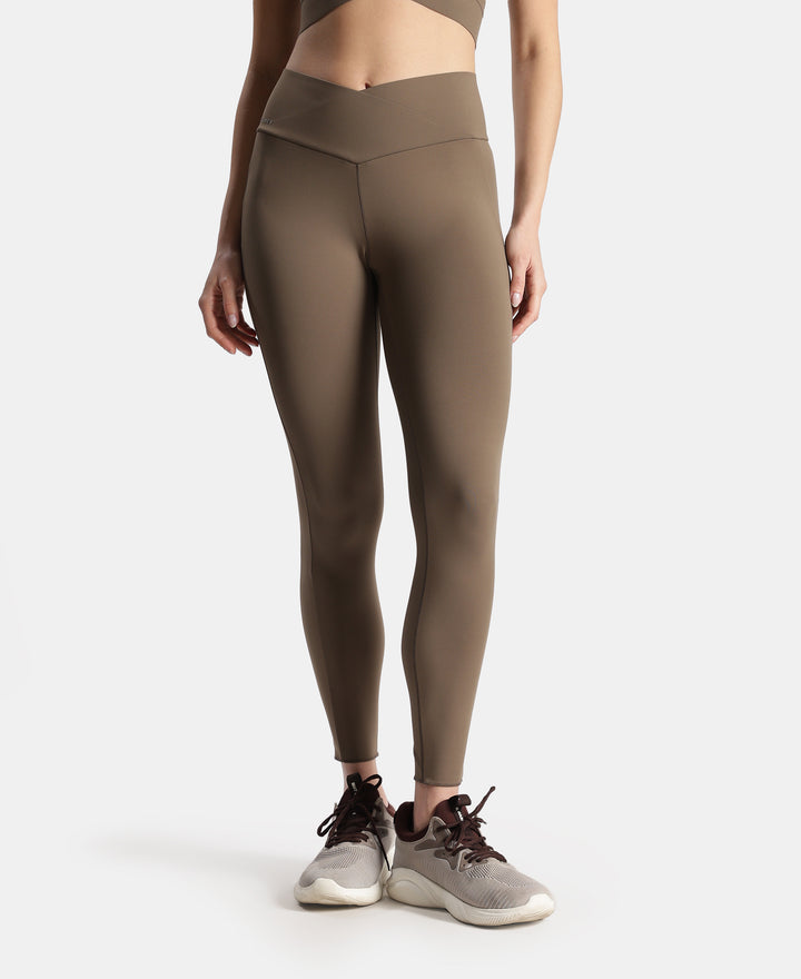 Microfiber Elastane Stretch Performance Leggings with Crossover Style Broad Waistband - Earth