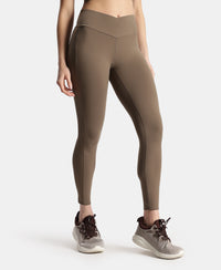 Microfiber Elastane Stretch Performance Leggings with Crossover Style Broad Waistband - Earth