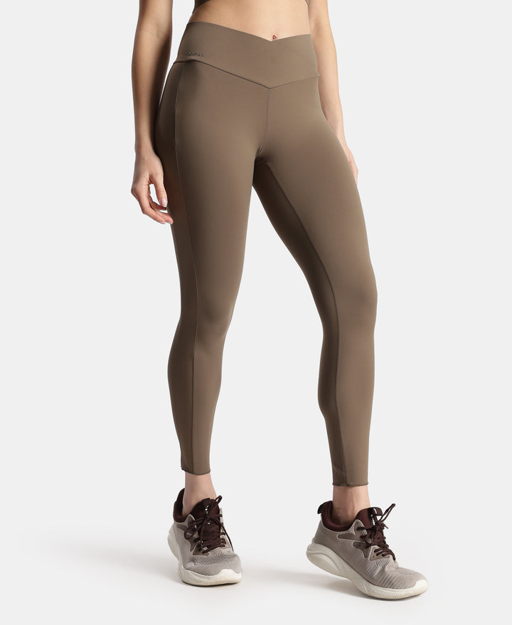 Microfiber Elastane Stretch Performance Leggings with Crossover Style Broad Waistband - Earth