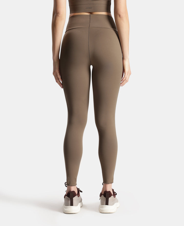 Microfiber Elastane Stretch Performance Leggings with Crossover Style Broad Waistband - Earth