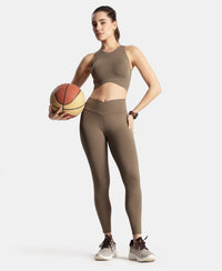 Microfiber Elastane Stretch Performance Leggings with Crossover Style Broad Waistband - Earth