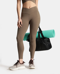 Microfiber Elastane Stretch Performance Leggings with Crossover Style Broad Waistband - Earth