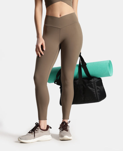 Microfiber Elastane Stretch Performance Leggings with Crossover Style Broad Waistband - Earth