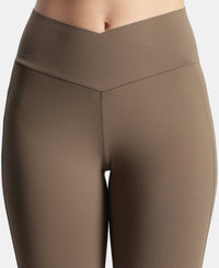 Microfiber Elastane Stretch Performance Leggings with Crossover Style Broad Waistband - Earth