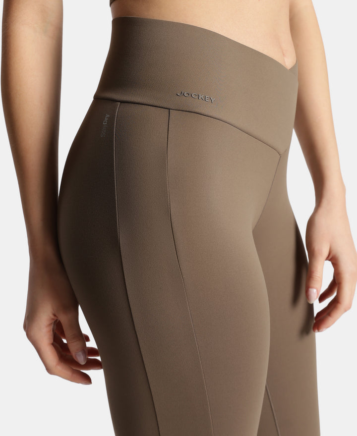 Microfiber Elastane Stretch Performance Leggings with Crossover Style Broad Waistband - Earth