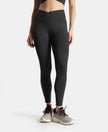 Microfiber Elastane Stretch Performance Leggings with Crossover Style Broad Waistband - Black