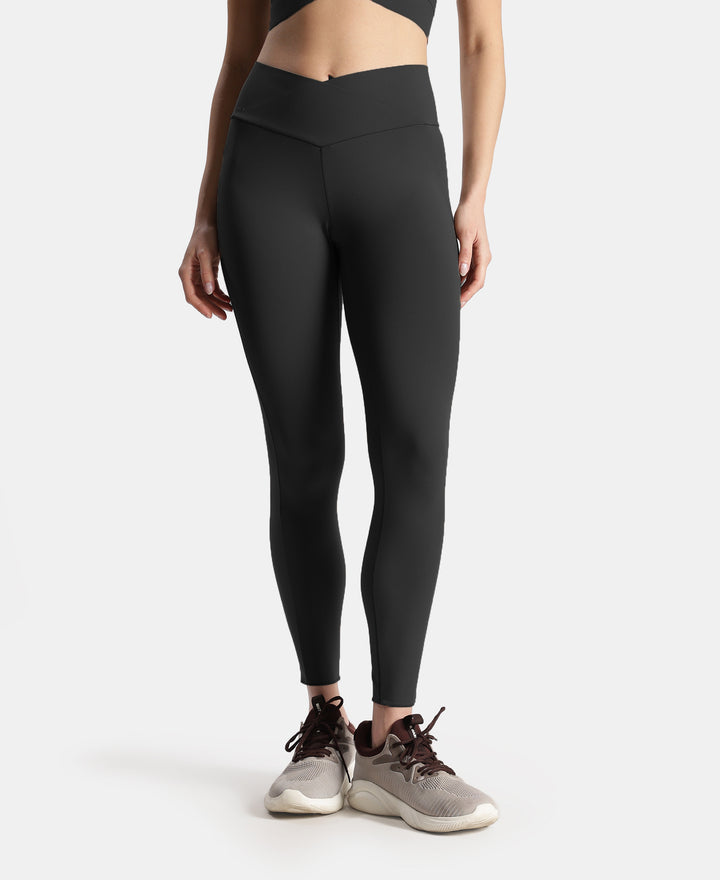 Microfiber Elastane Stretch Performance Leggings with Crossover Style Broad Waistband - Black