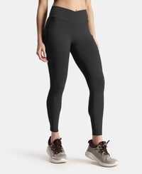 Microfiber Elastane Stretch Performance Leggings with Crossover Style Broad Waistband - Black