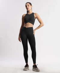 Microfiber Elastane Stretch Performance Leggings with Crossover Style Broad Waistband - Black