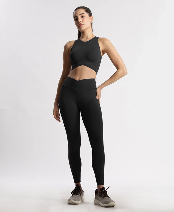 Microfiber Elastane Stretch Performance Leggings with Crossover Style Broad Waistband - Black