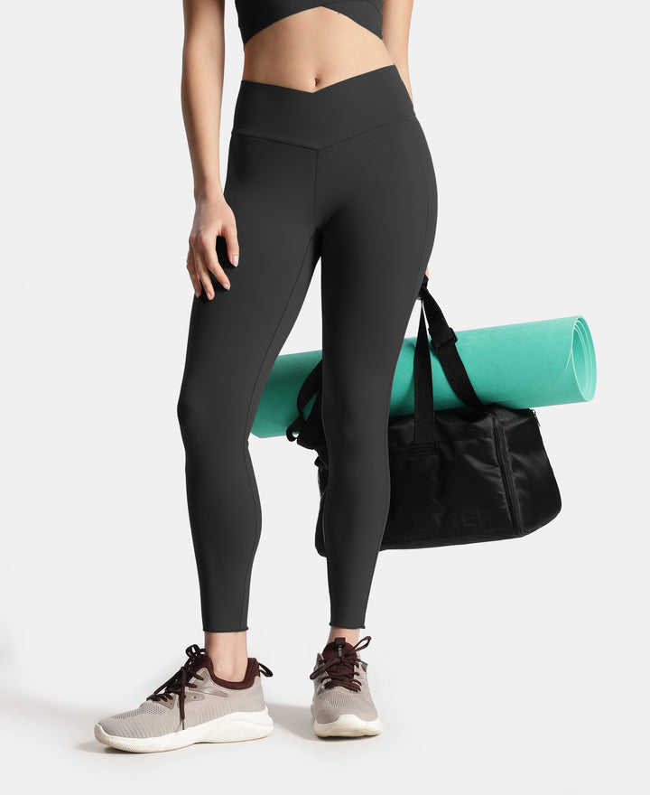 Microfiber Elastane Stretch Performance Leggings with Crossover Style Broad Waistband - Black