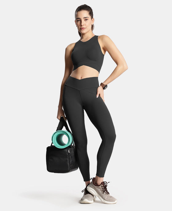 Microfiber Elastane Stretch Performance Leggings with Crossover Style Broad Waistband - Black