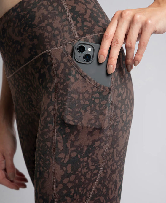 Microfiber Elastane Stretch Performance 7/8th Leggings with Broadwaistband & Back Pocket - Coffee Print