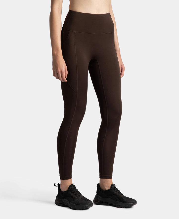 Microfiber Elastane Stretch Performance 7/8th Leggings with Broadwaistband & Back Pocket - Coffee