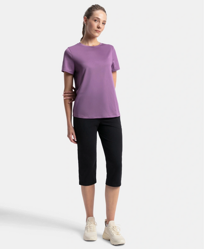 Microfiber Polyester Fabric Relaxed Fit Solid Round Neck Half Sleeve T-Shirt - Chinese Violet