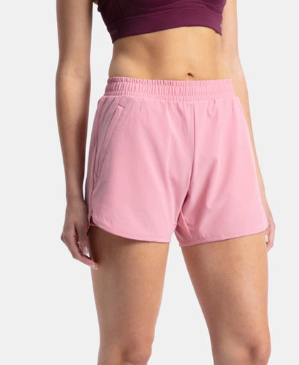 Microfiber Elastane Stretch Double Layered Woven Fabric Regular Fit Shorts with Zipper Pockets - Rose