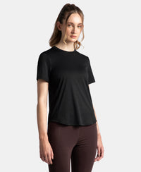 Microfiber Fabric Regular Fit Half Sleeve Breathable Mesh T-Shirt with Curved Hem Styling - Black