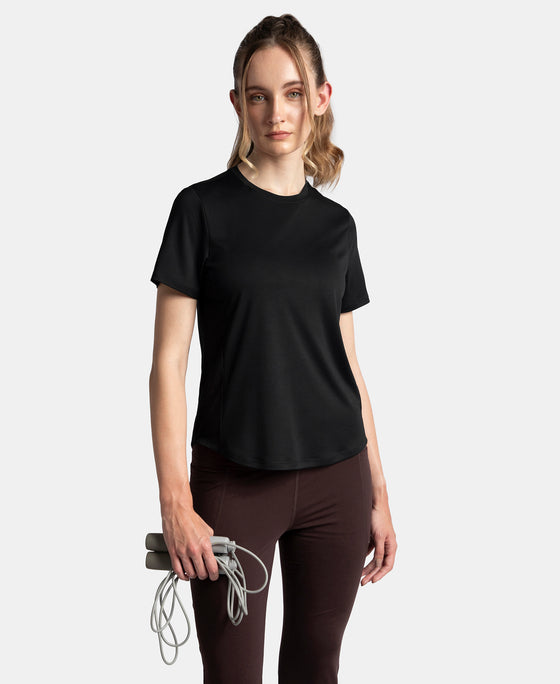 Microfiber Fabric Regular Fit Half Sleeve Breathable Mesh T-Shirt with Curved Hem Styling - Black
