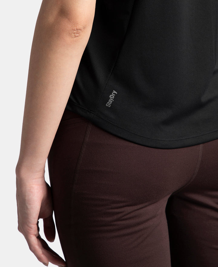 Microfiber Fabric Regular Fit Half Sleeve Breathable Mesh T-Shirt with Curved Hem Styling - Black